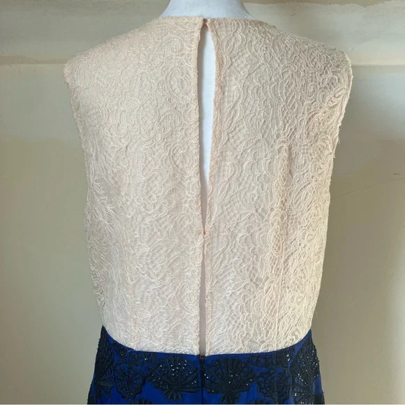 Emilio Pucci Blush Lace Beaded Bird Sleeveless Blue Scallop Shell Dress size 14 - Picture 10 of 15